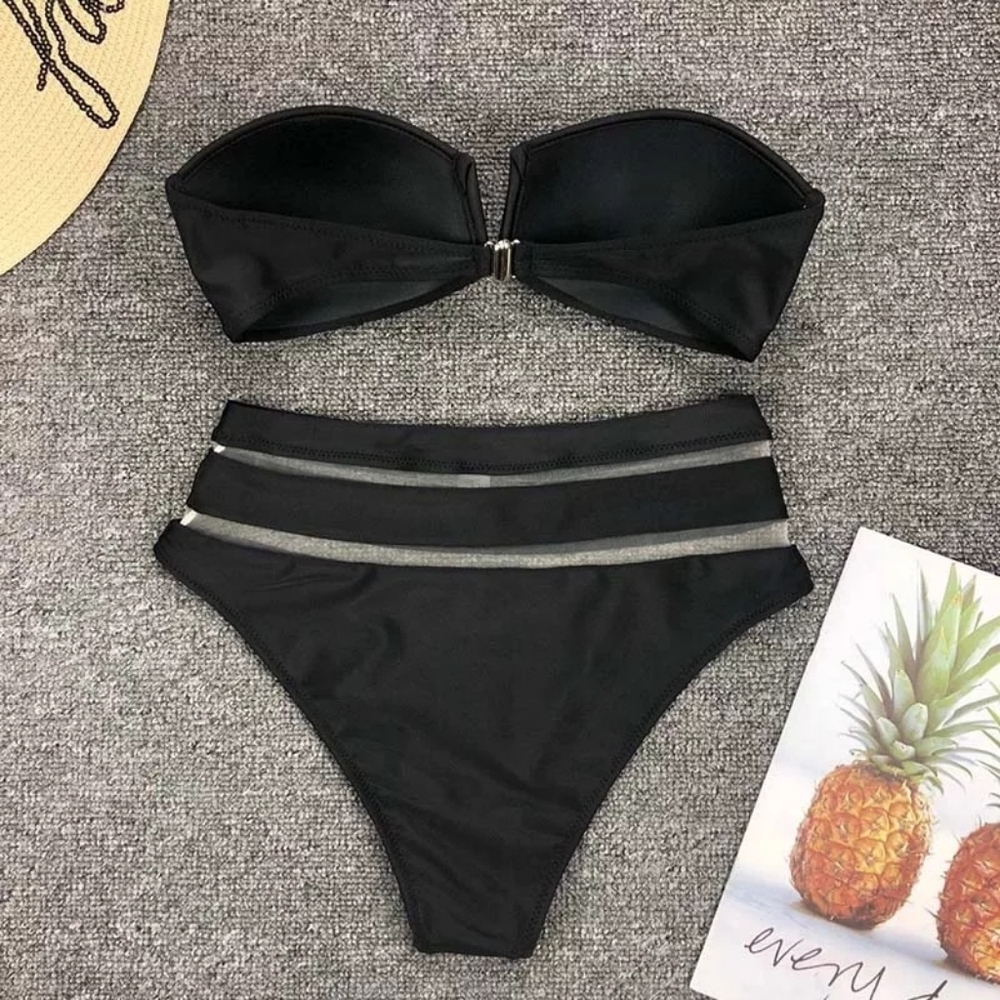 HIGH WAISTED MESH NOTCH FRONT BANDEAU BIKINI Set - Picture 6 of 7